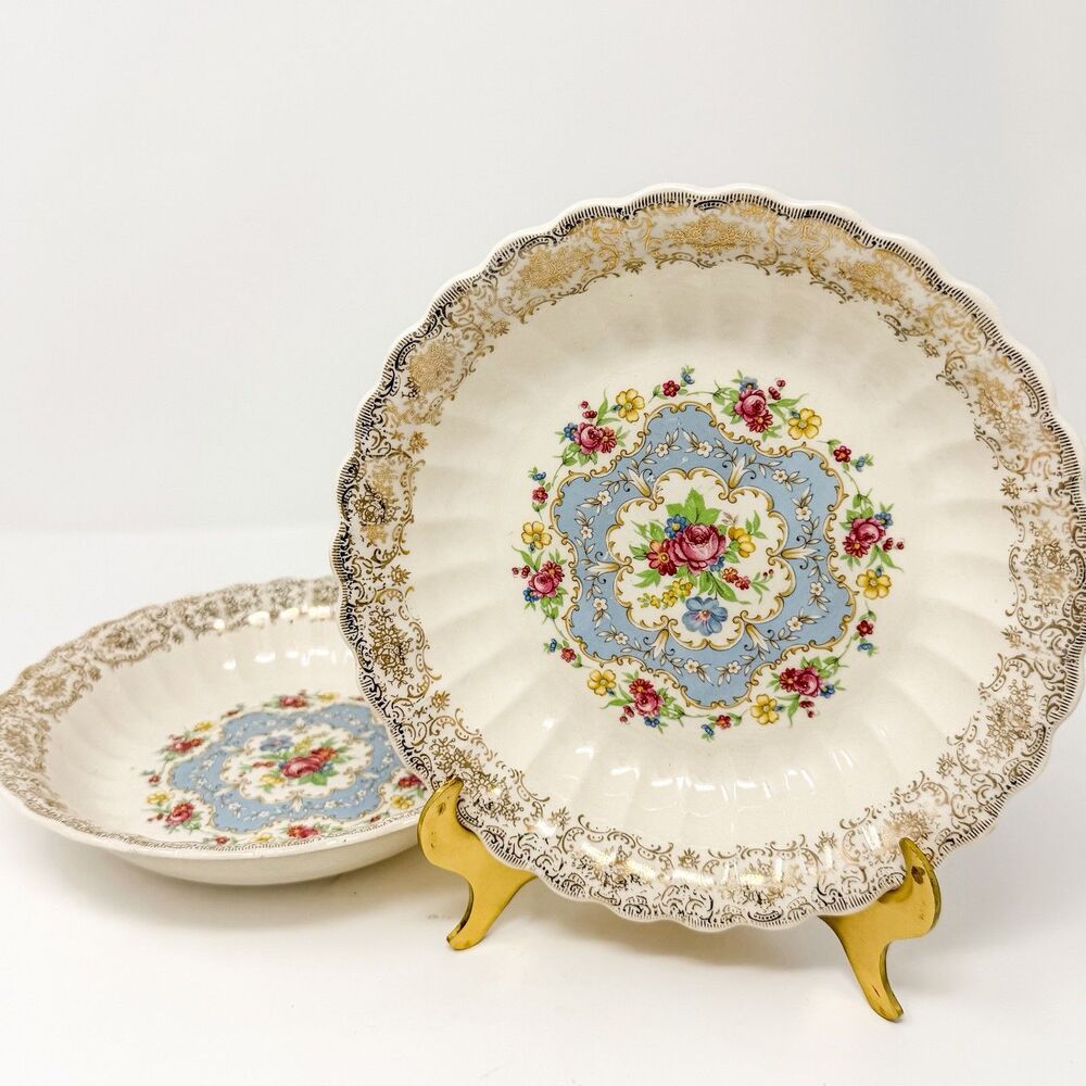 Limoges Lyric Set of 2 Rimmed Soup Bowls 8” Floral 22K Gold Vintage USA
